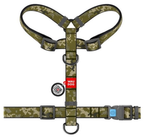 Collar WauDog Nylon Szelki nylonowe anatomiczne w kształcie litery H, z QR-paszportem, plastikowy fastex, wzór MILITARY, rozmiar S 15mm