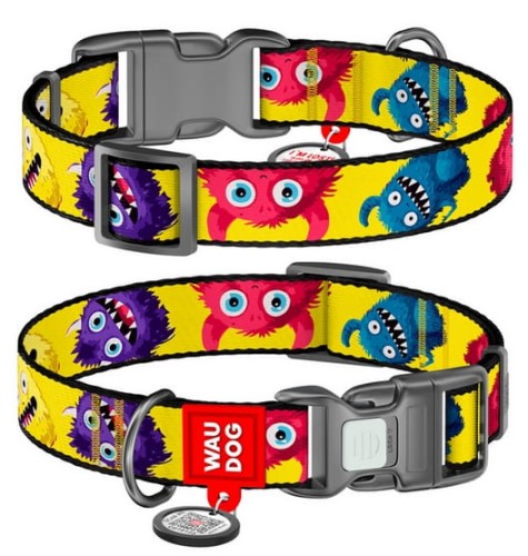 Collar WauDog Nylon Obroża nylonowa z QR-paszportem, plastikowy fastex, wzór FUTRZANE POTWORY, M 20mm/28-40cm