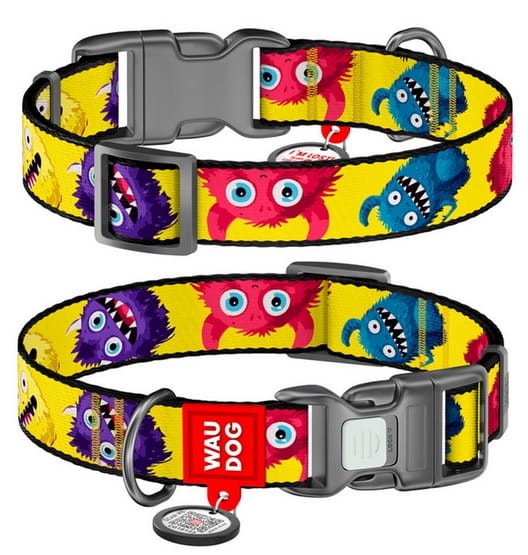 Collar WauDog Nylon Obroża nylonowa z QR-paszportem, plastikowy fastex, wzór FUTRZANE POTWORY, L 25mm/33-49cm