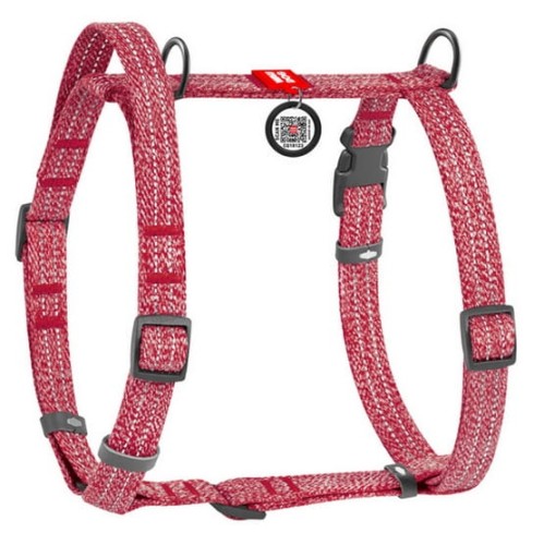 Collar WauDog Re-Cotton Szelki z rączką z regenerowanej bawełny anatomiczne w kształcie litery H, odblaskowe z QR-paszportem, plastikowy fastex, S czerwone