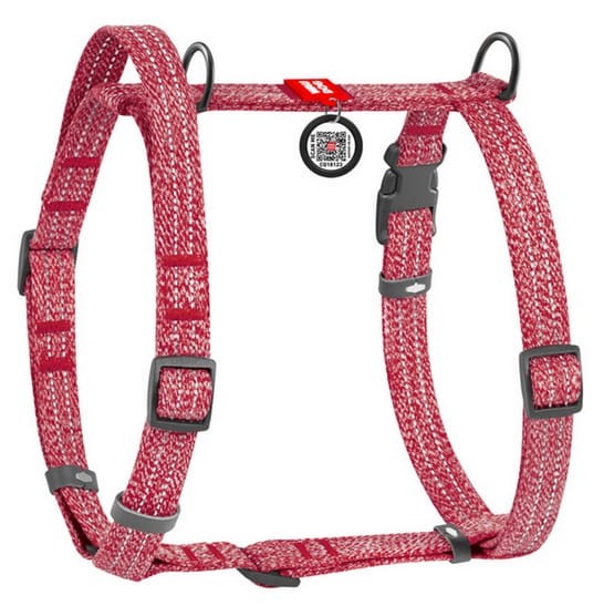 Collar WauDog Re-Cotton Szelki z rączką z regenerowanej bawełny anatomiczne w kształcie litery H, odblaskowe z QR-paszportem, plastikowy fastex, S czerwone