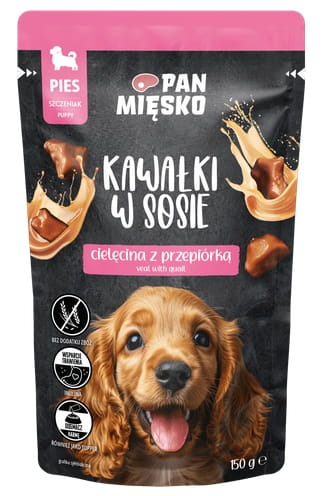 Pan Mięsko Karma mokra dla psa - Puppy cielęcina z przepiórką kawałki w sosie saszetka 150g